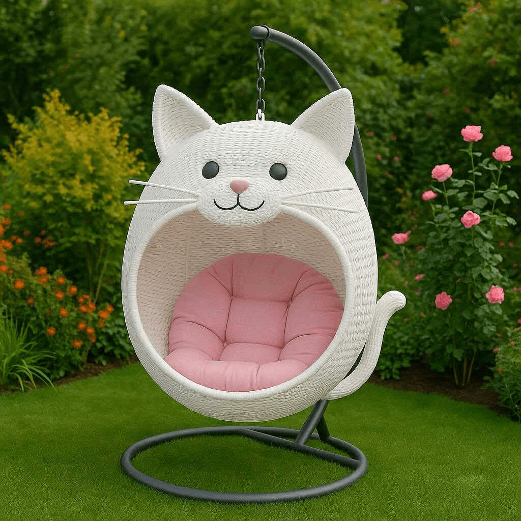 White cat-shaped hanging egg chair with soft pink cushion set in garden with roses
