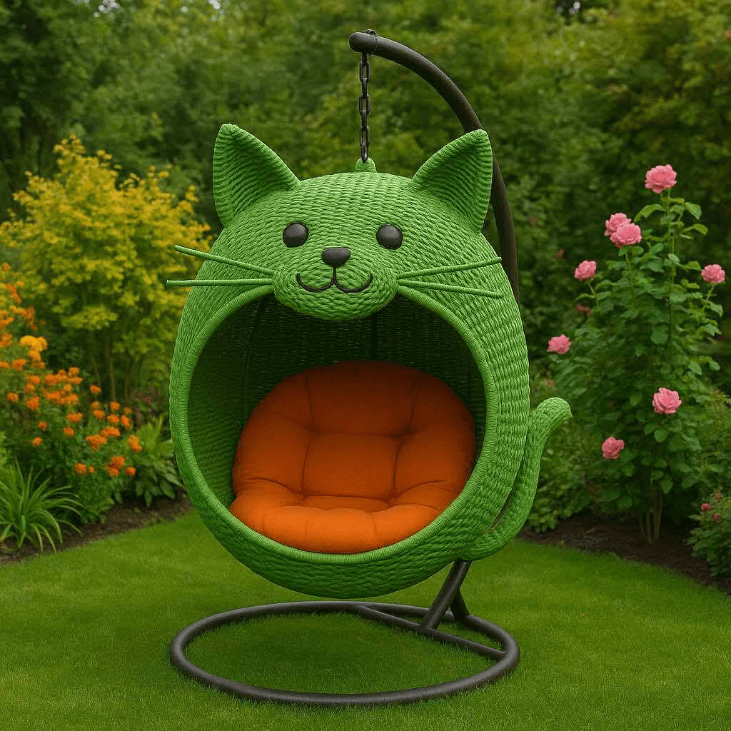 Green cat-shaped hanging chair with vivid orange cushion in garden with pink and yellow flowers