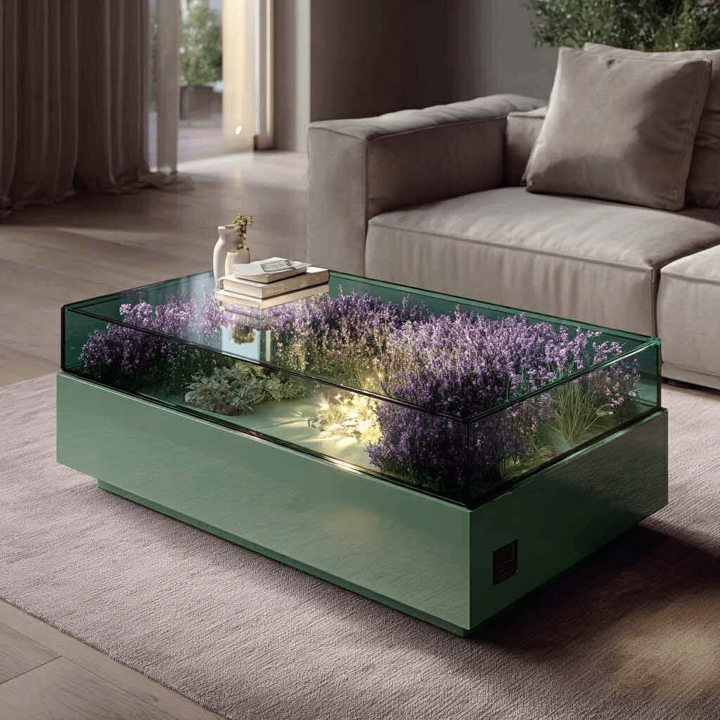  Green coffee table featuring enclosed lavender garden with built-in lights and glass top