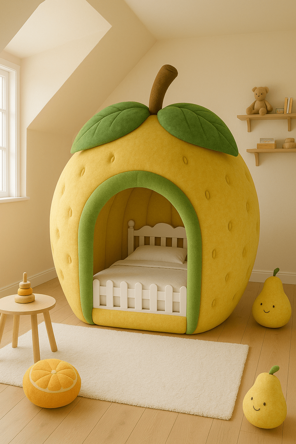 Lemon-shaped children’s bed with soft green archway and plush pear toys on wooden floor