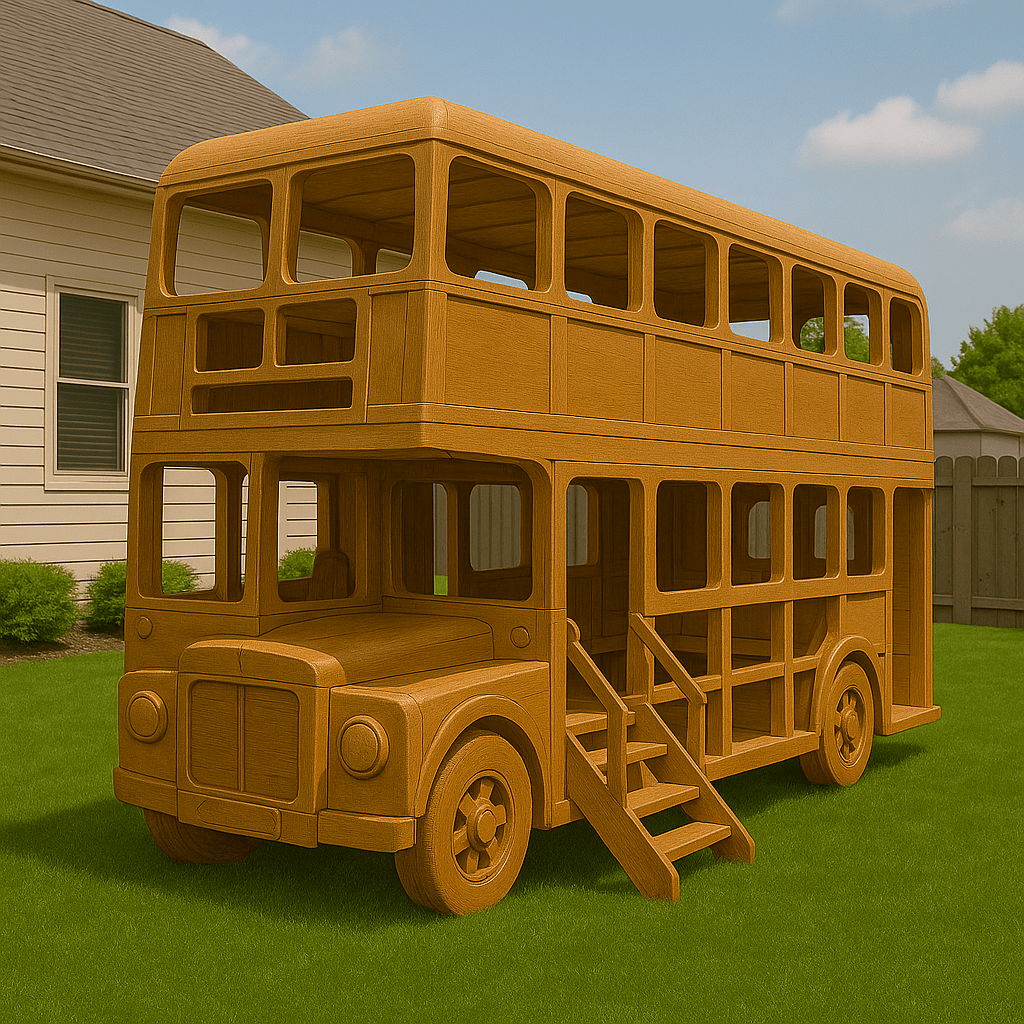 Wooden double-decker bus playhouse with stairs and windows in a garden setting.