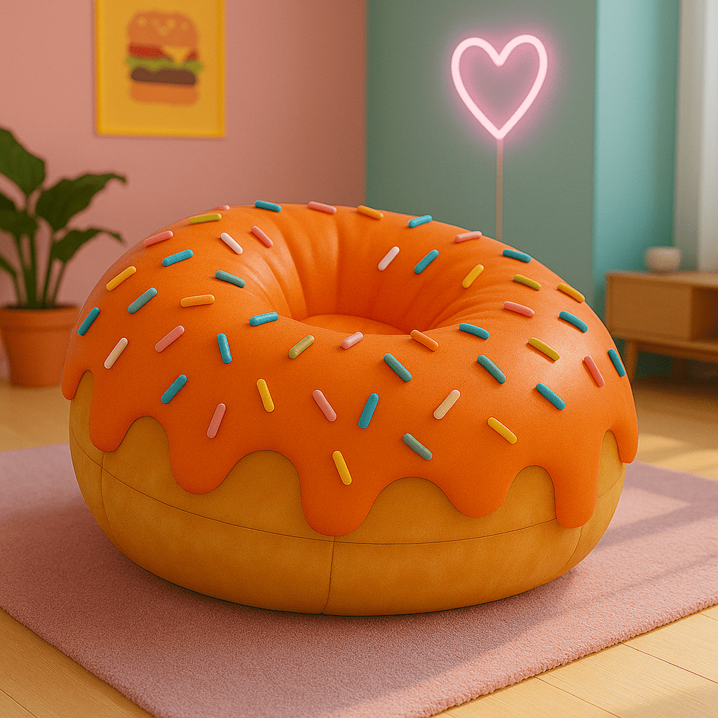 Bright orange frosted donut bean bag chair with multicoloured sprinkles on a purple rug in a modern living space.