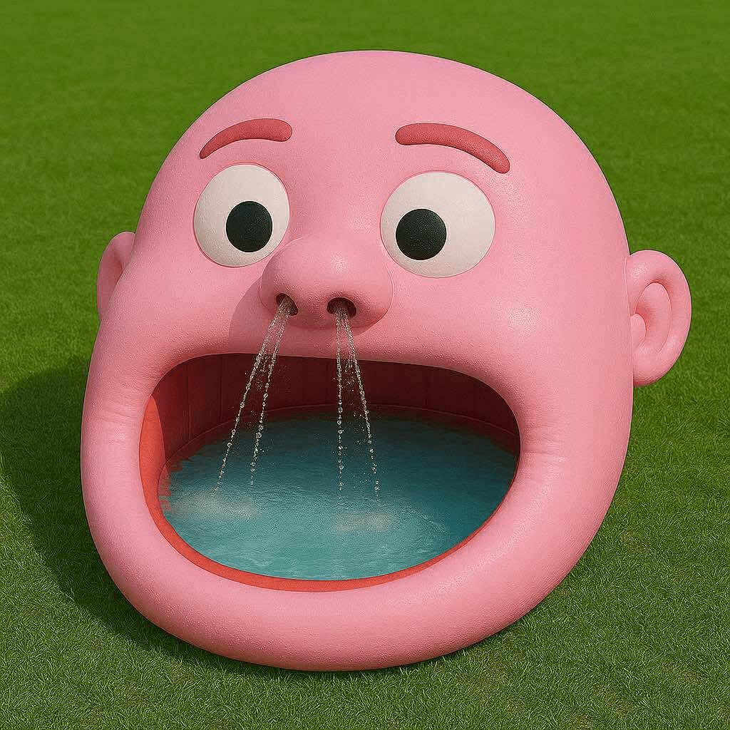 Pink cartoon-style head-shaped inflatable pool with nose water sprayers on lawn