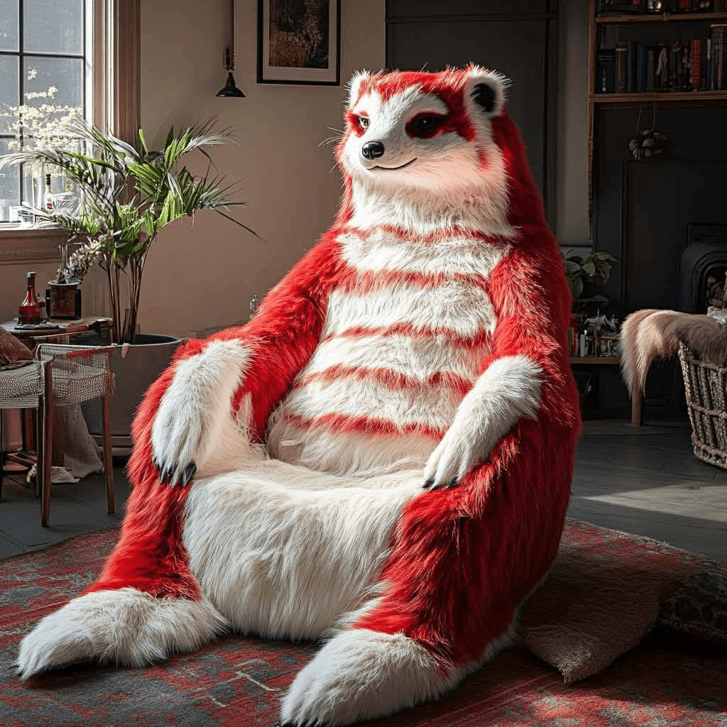 Large red and white striped meerkat chair positioned in a colourful, eclectic room