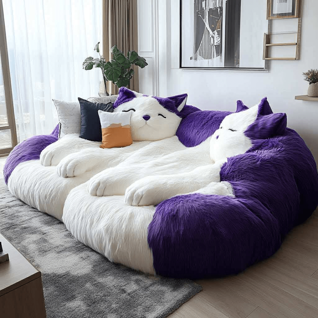 Large purple and white cat-shaped sofa with dual lounging cats, styled in a sunlit, contemporary living space with pillows.