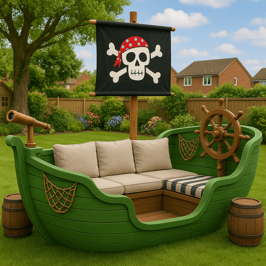 Outdoor pirate ship-themed sofa in green wood with beige and striped cushions and a red skull-and-crossbones flag
