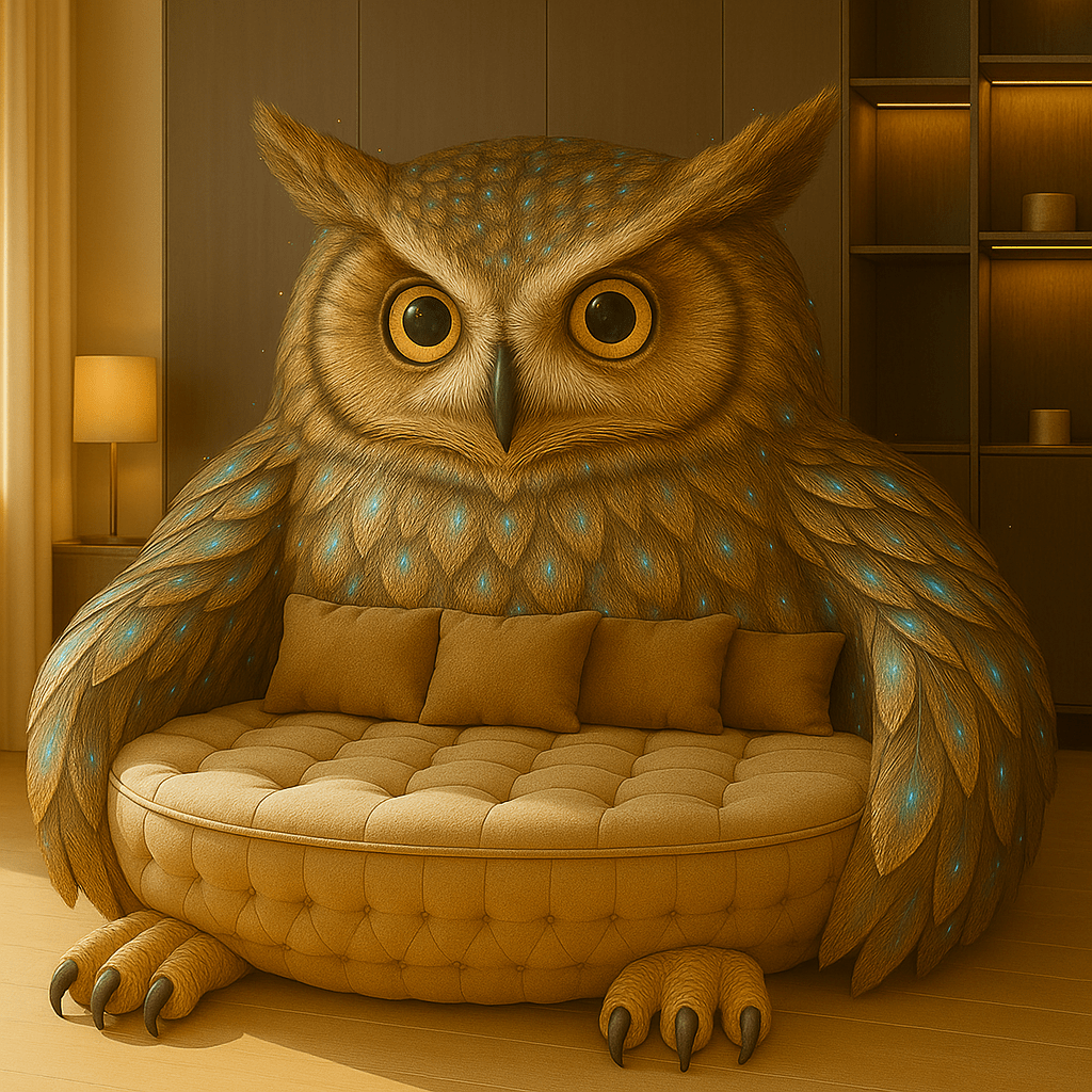 Beige owl-shaped novelty sofa with soft textures and blue feather accents in a cosy living space.
