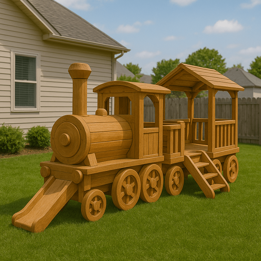 Wooden steam train playhouse with a slide, cabin, and open carriage in a garden.