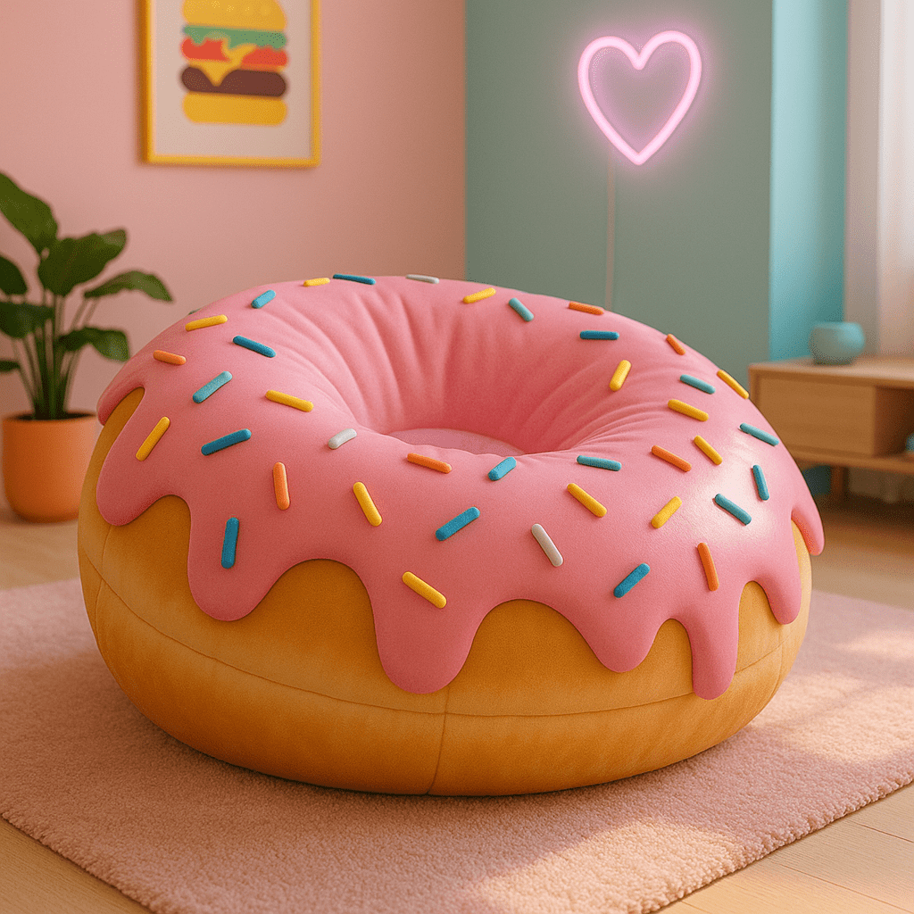 Donut bean bag chair with pink frosting and colourful sprinkles, placed on a soft pink rug in a cheerful space.