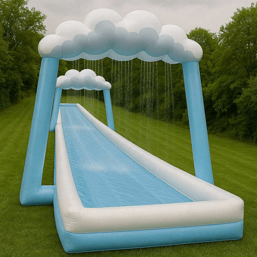 Refreshing light blue and white cloud water slide tunnel installed on grass