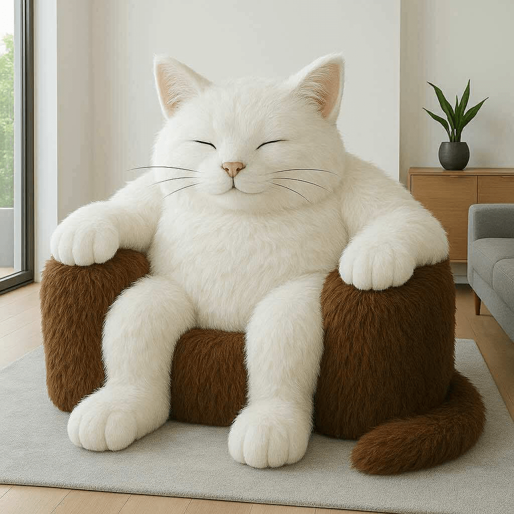  Cute oversized cat-shaped armchair in rich brown and white faux fur