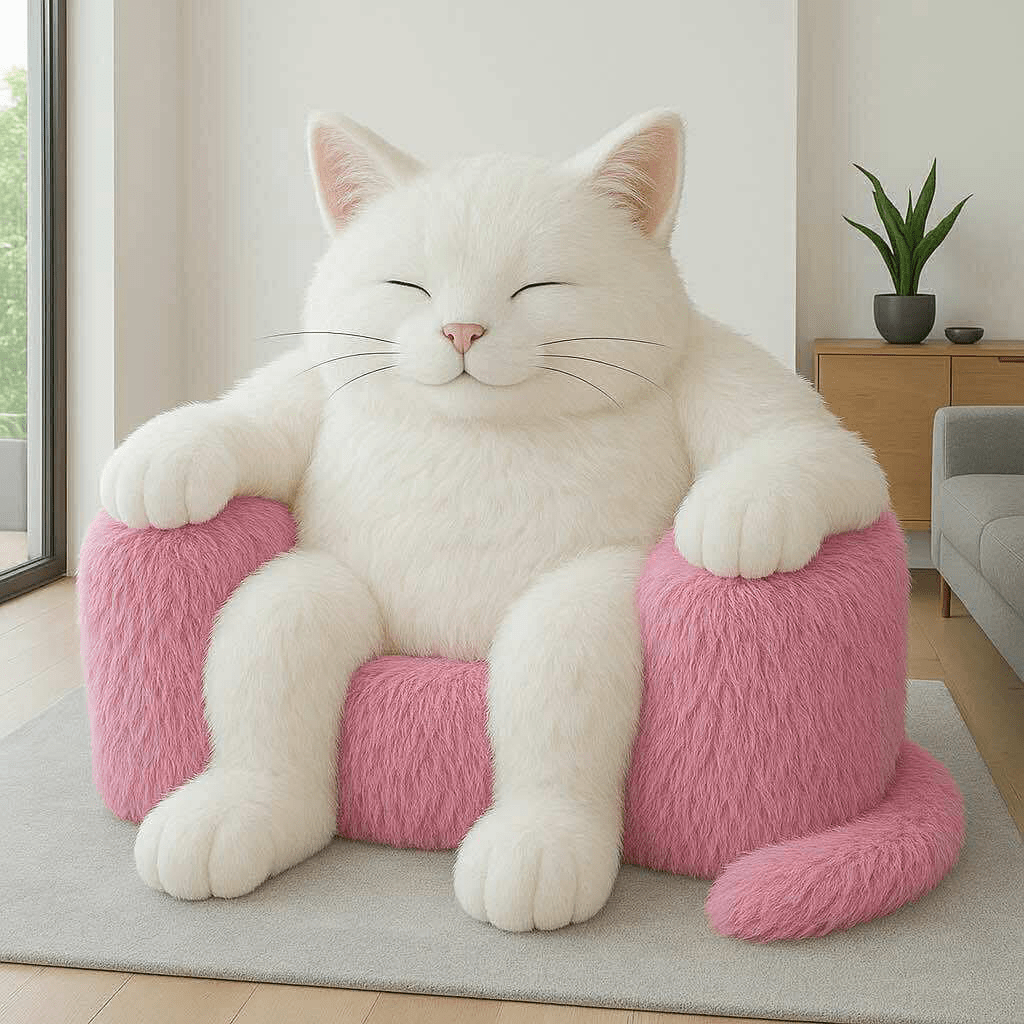 Oversized novelty armchair shaped like a white cat with fluffy pink accents