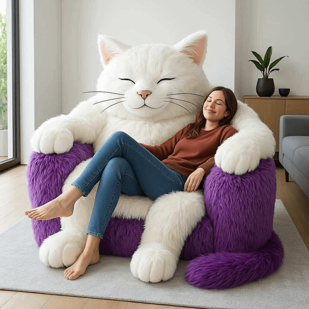 Smiling woman relaxing in a giant purple and white cat-shaped armchair