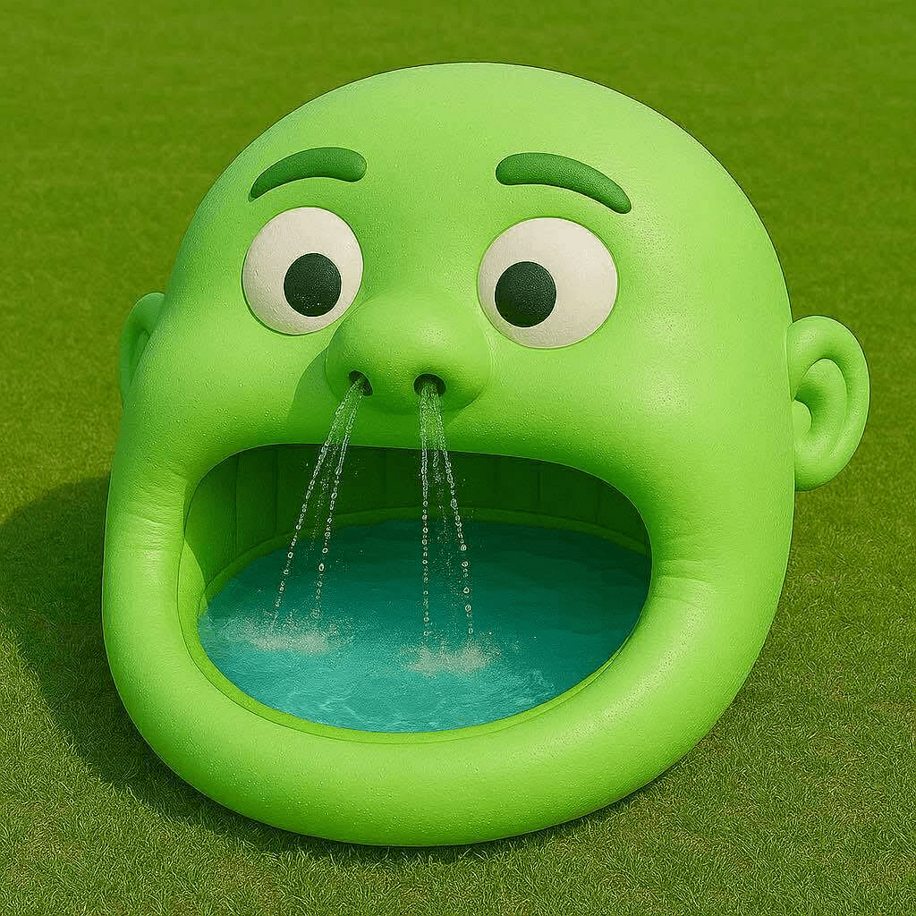 Giant green inflatable cartoon head paddling pool with water spraying from its nose on grass