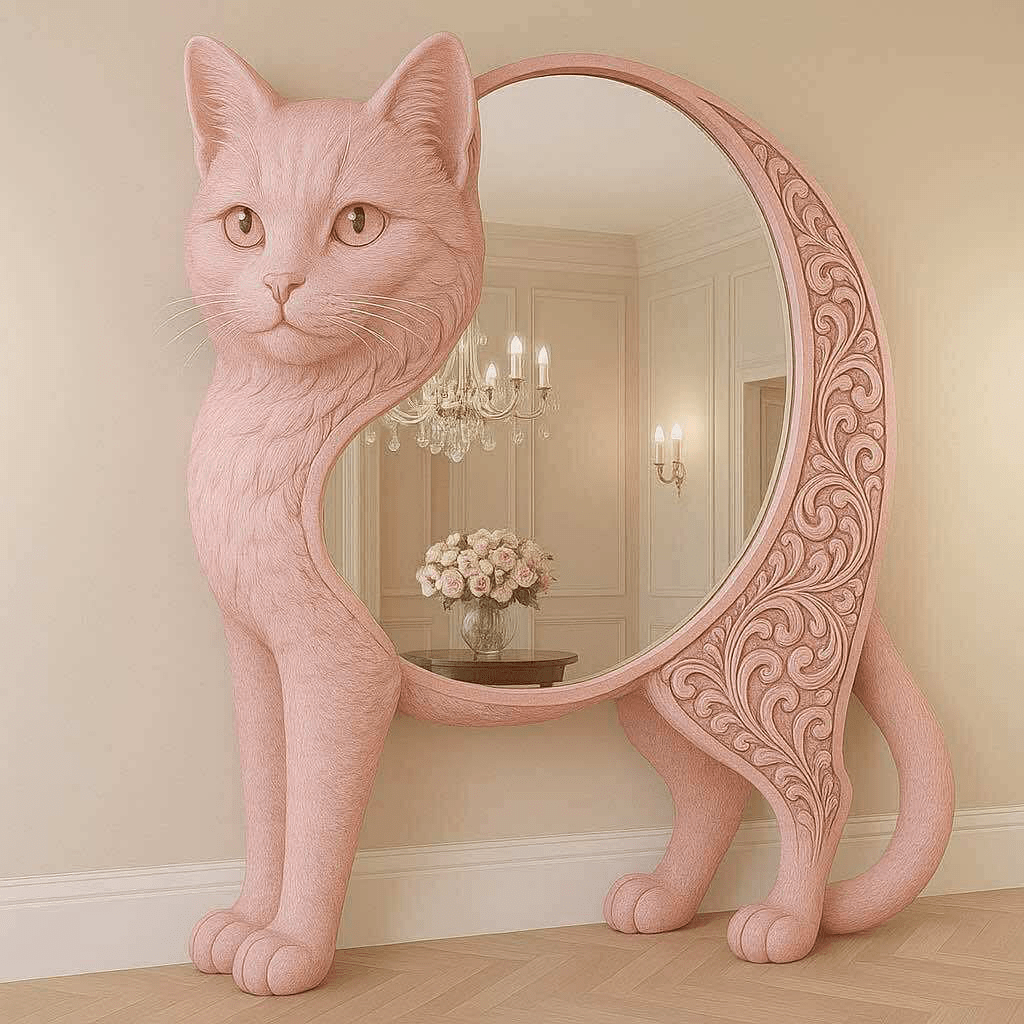 Ornate pink cat-shaped mirror with swirling detail, placed in a softly lit luxury room
