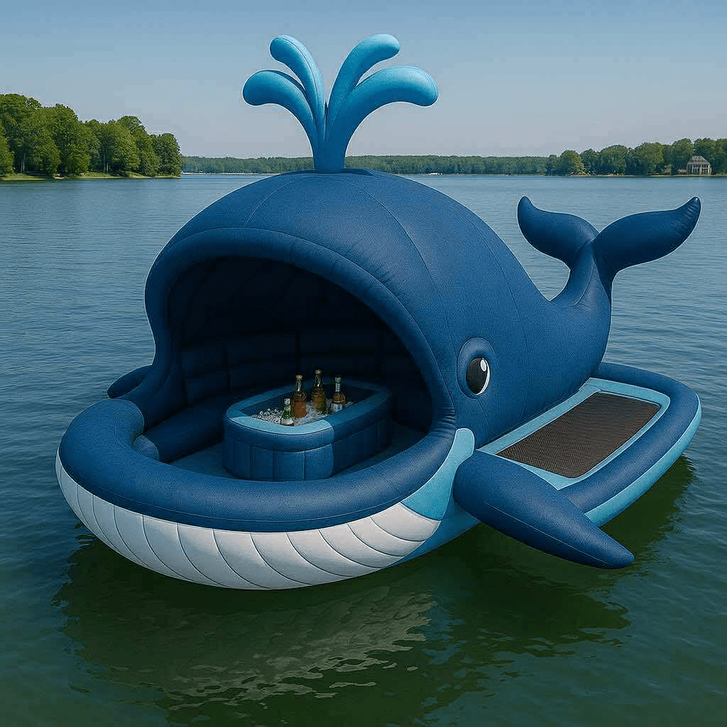  Blue whale-shaped inflatable floating bar with water spout design and drink station on a peaceful lake