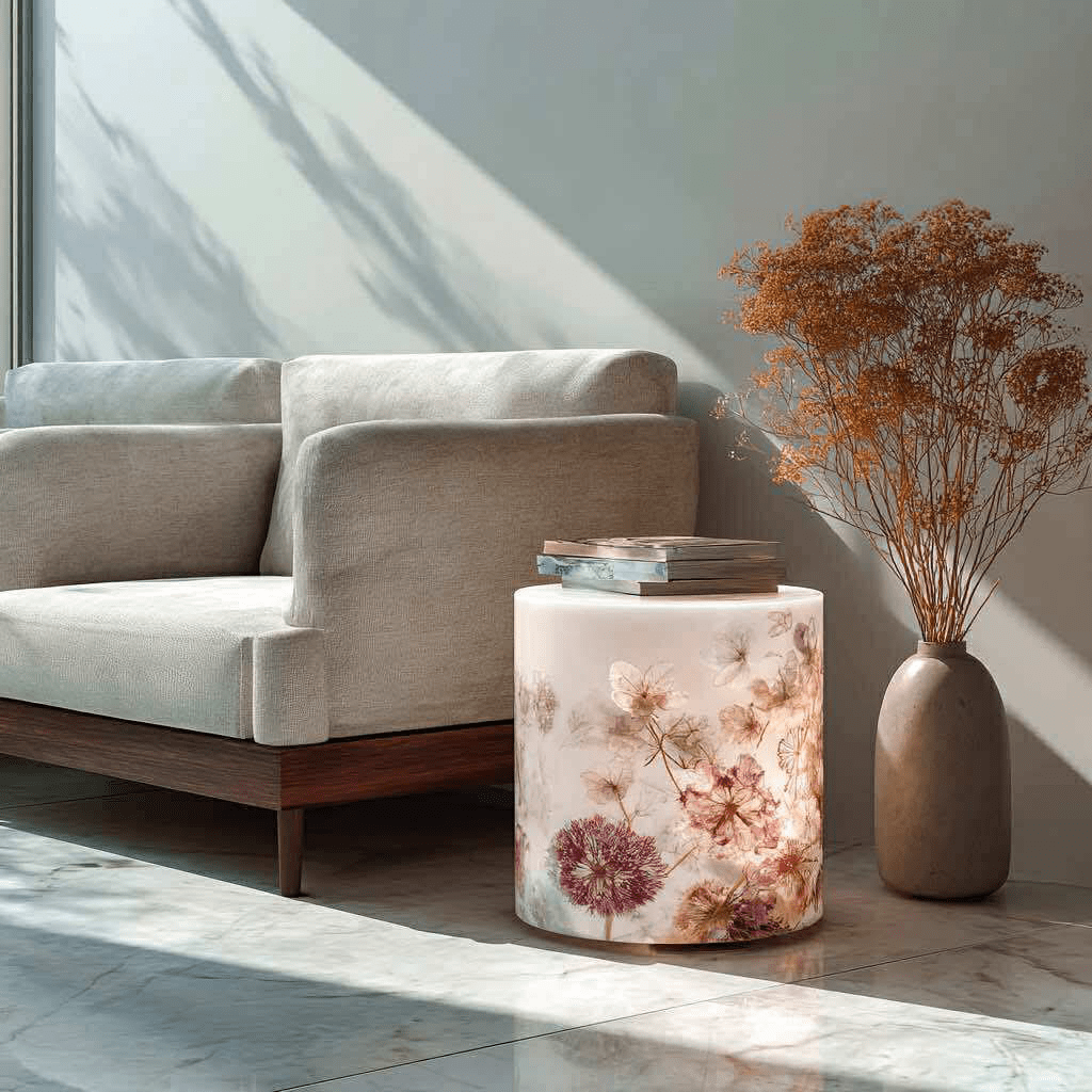  Illuminated side table with delicate pink and white dandelions next to a modern armchair in a marble-floored room.