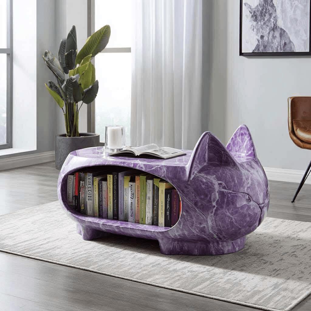 Purple cat-shaped marble coffee table featuring built-in bookshelf in a modern flat