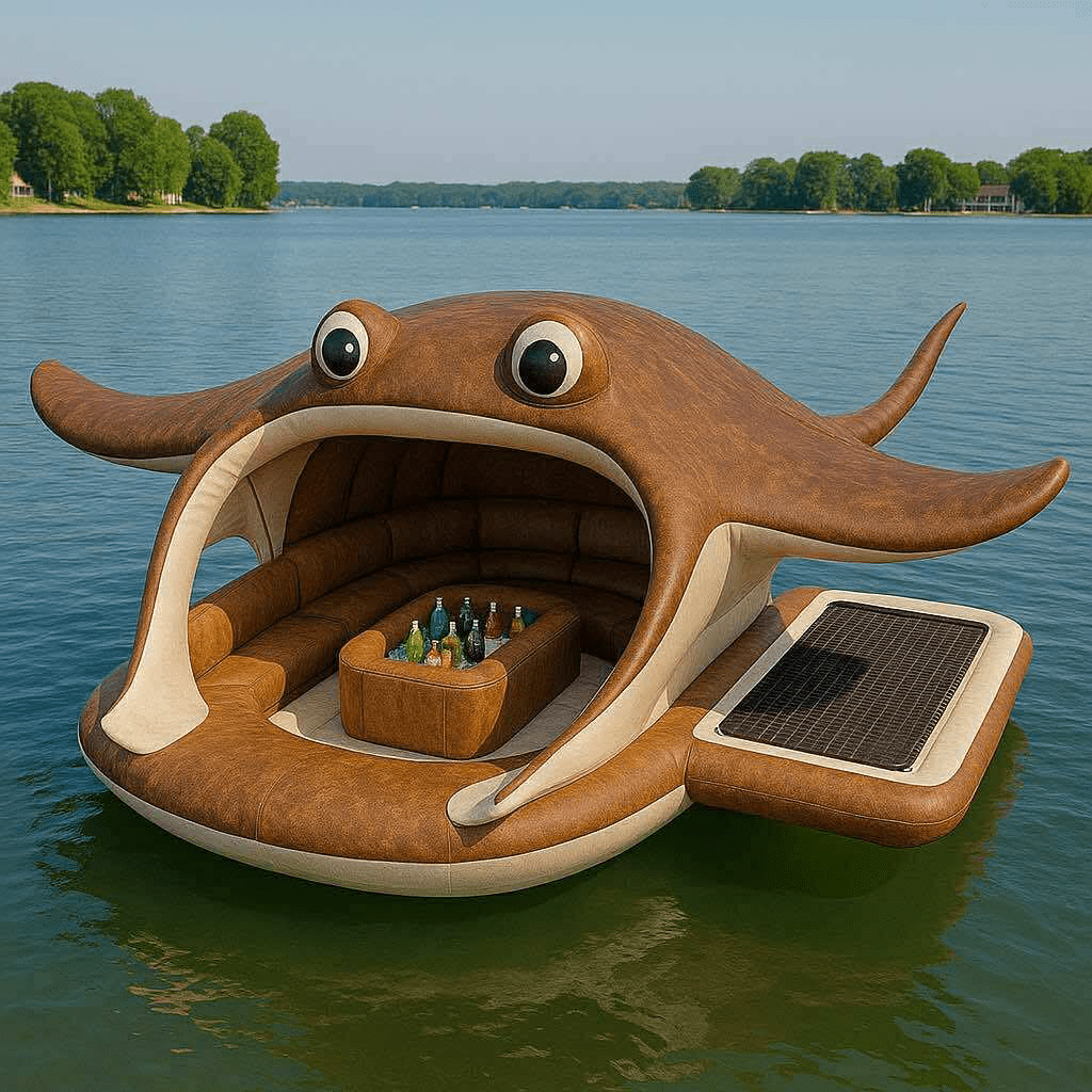 Large brown stingray-shaped inflatable bar with lounging area and central cooler floating on a lake