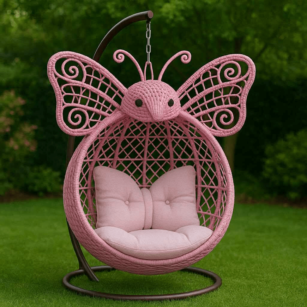  Whimsical pink butterfly-themed hanging chair with large wings and soft cushion in a garden setting