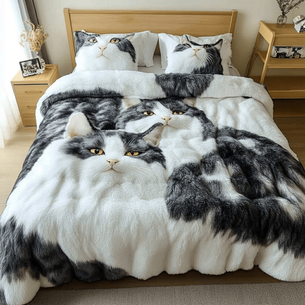 Black and white tuxedo cat duvet set with realistic feline faces on pillows and comforter in a bright bedroom.