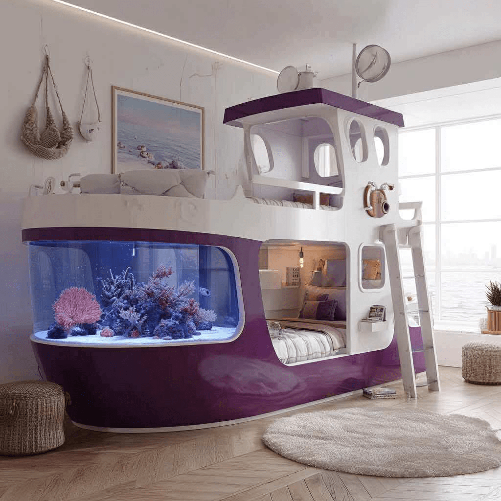 Playful purple and white boat-themed bunk bed with a large panoramic aquarium in a bright bedroom.