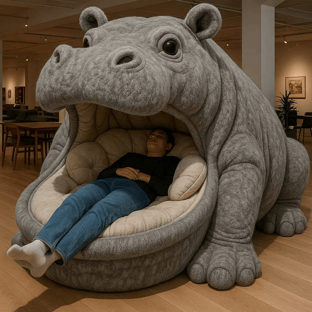  Grey oversized hippo-shaped daybed with a person lying comfortably inside