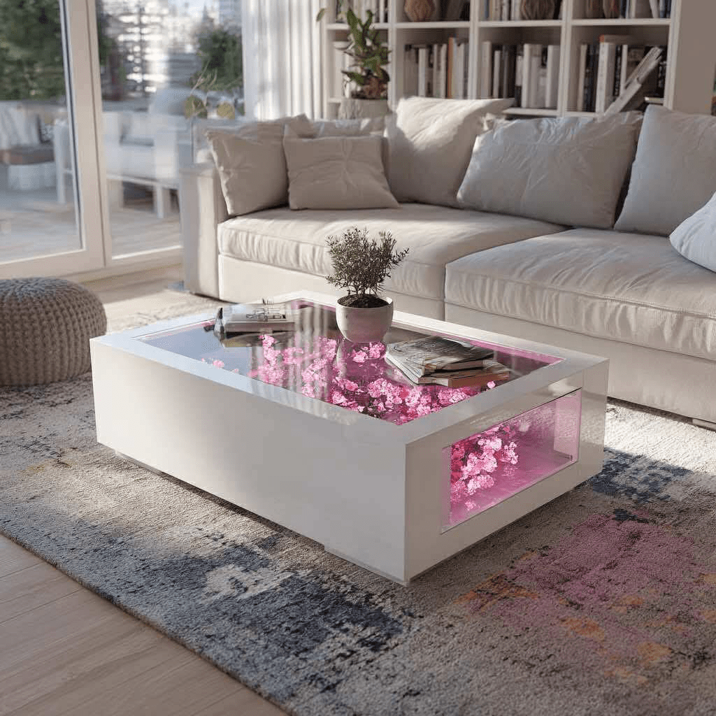 White coffee table with glowing pink cherry blossoms beneath glass top in modern living room setting