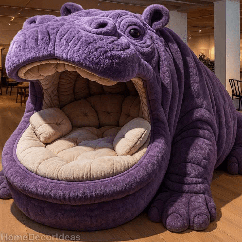 Large purple hippo-shaped daybed with beige cushioned seating