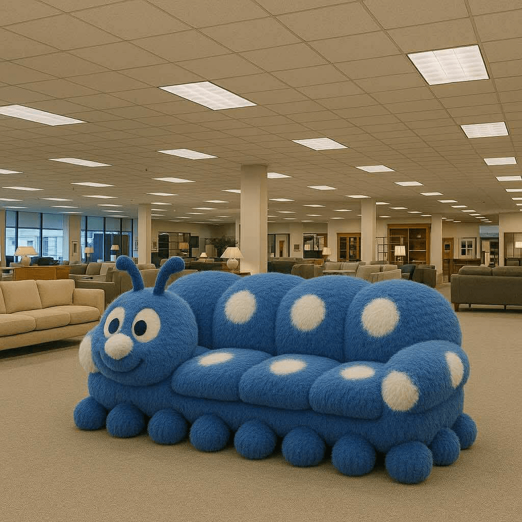 Fuzzy blue caterpillar-shaped sofa with smiling face and white polka dots in a showroom