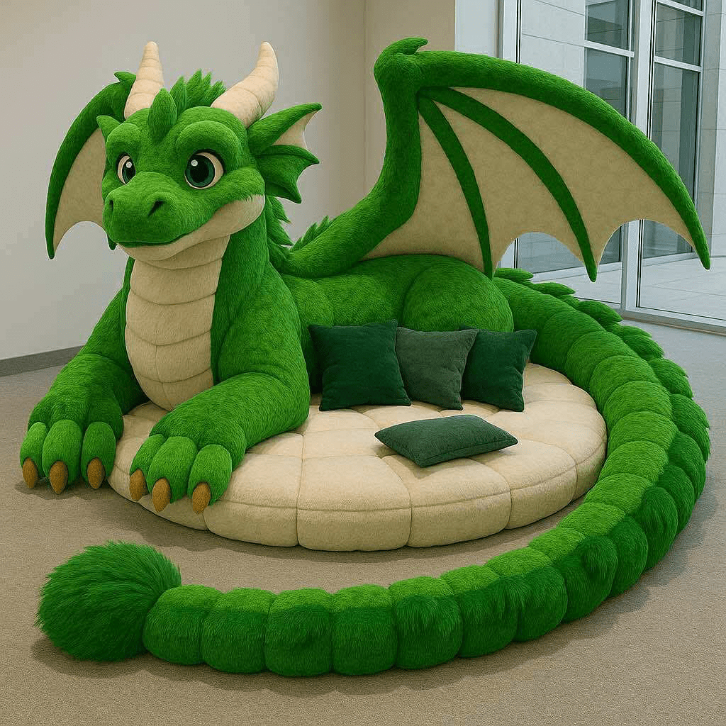 Large green dragon-shaped sofa with circular cushioned seating and matching green pillows.