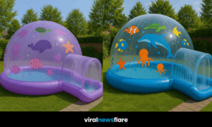A selection of inflatable dome paddling pools with marine designs in a green garden on a sunny day