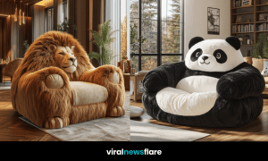 Oversized animal-themed plush armchairs, including lion, gorilla, and panda designs in luxury home settings.