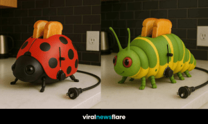 Variety of insect and snail-shaped novelty toasters displayed on a kitchen counter