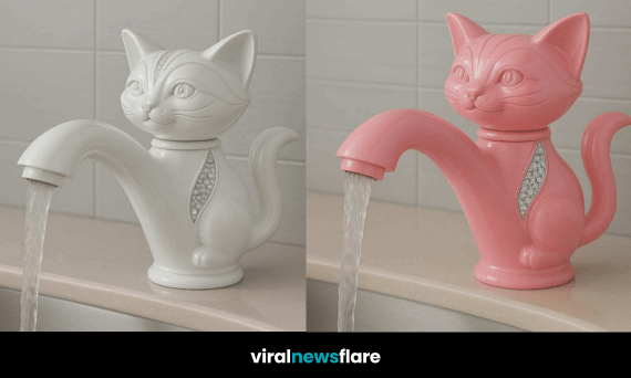 Cat-shaped sink tap with rhinestone accents in a tiled bathroom