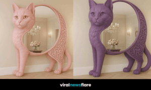 Large freestanding mirror shaped like a cat, designed to blend function with artistic style