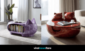 Sculptural marble coffee table with cat heads in a minimalist living room setting