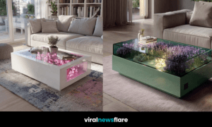 Collection of blooming floral coffee tables with cherry blossoms, lavender, daisies, and sunflowers in modern interiors