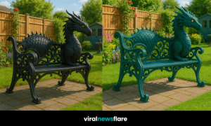 Ornate dragon bench with detailed scales and curled armrests in a garden setting