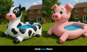 Inflatable cow, pig, and chicken paddling pools on grass outside a brick house