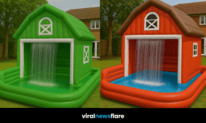 Inflatable barn-shaped paddling pool with a built-in waterfall in a garden setting