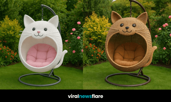 Assorted vibrant cat-shaped egg chairs arranged on garden lawn with floral surroundings
