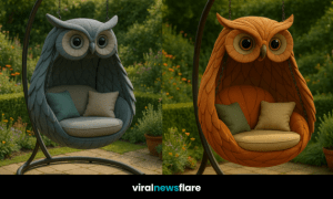 A set of colourful owl-shaped hanging egg chairs displayed in a lush green garden setting