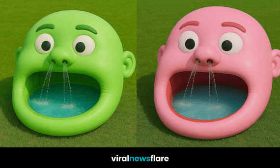 Multiple oversized inflatable paddling pools shaped like colourful cartoon heads on grass