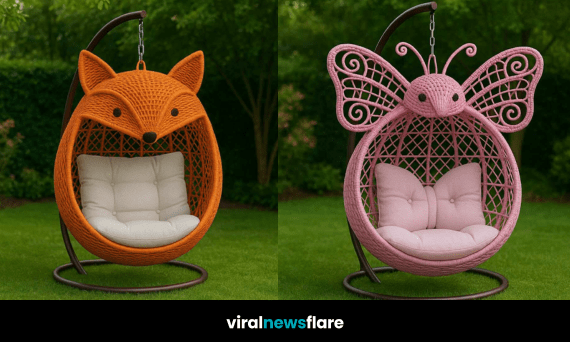 Set of colourful animal-shaped hanging garden chairs including butterfly, owl, hedgehog and fox designs