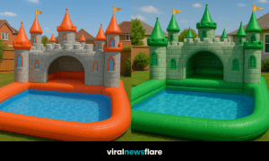 A collection of inflatable paddling pools in castle designs including pink, teal, orange, and green colours