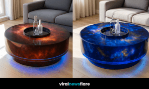 Assortment of LED galaxy-themed round coffee tables in various glowing colours displayed in modern living rooms.
