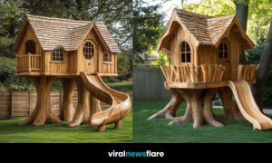 Whimsical wooden treehouse with fairy-tale design and slide, set in a lush back garden.