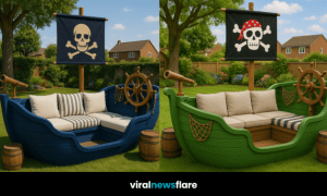 pirate-themed outdoor sofa gold skull flag in garden setting
