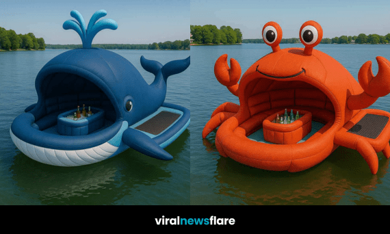 giant floating inflatable bars shaped like sea animals including crab, whale, stingray, and turtle